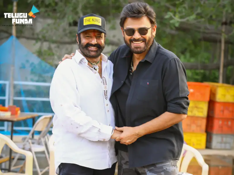 Nandamuri Balakrishna with Victory Venkatesh on movie set