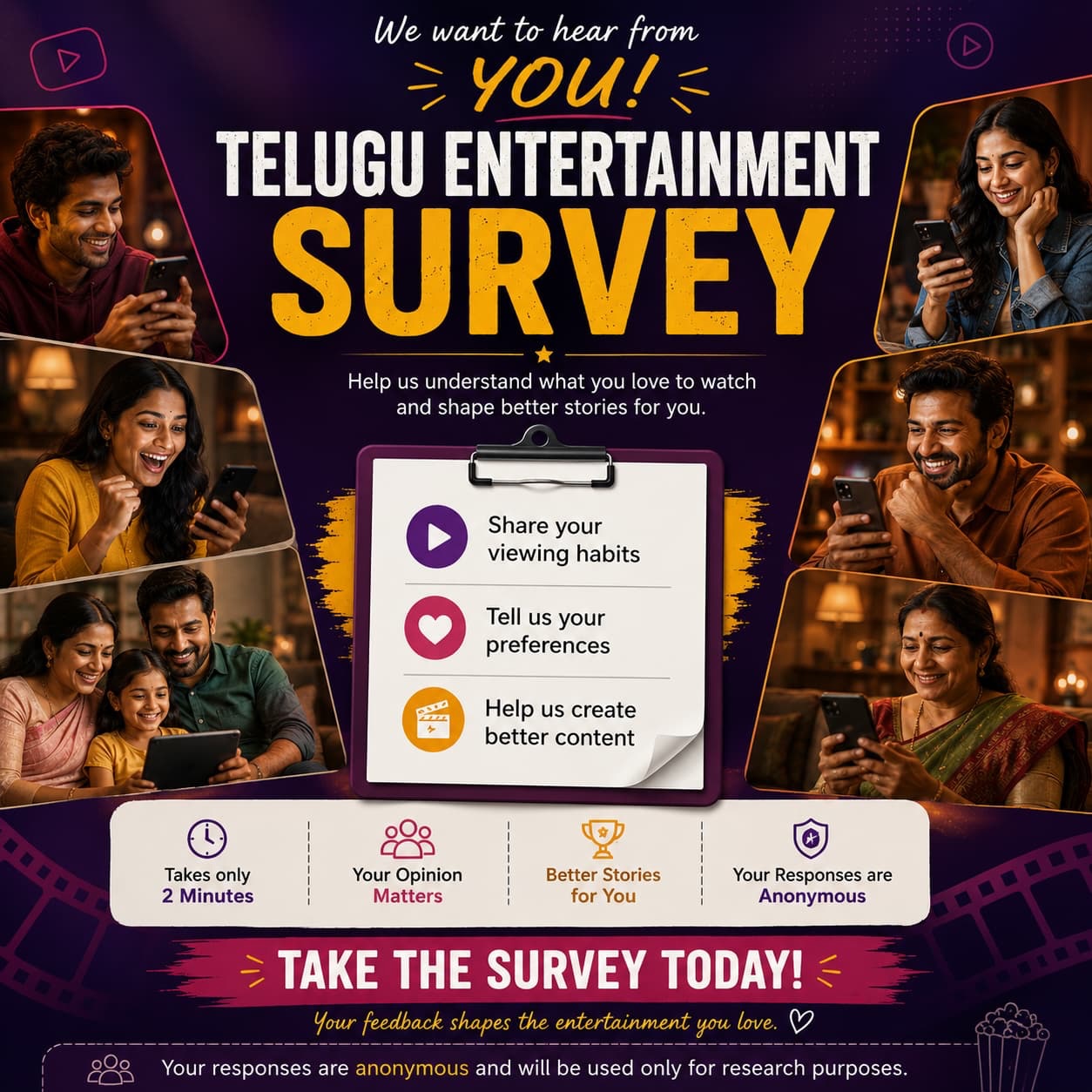 Telugu Entertainment Survey – Your Opinion Matters! 

Love watching Telugu movies, web series, TV shows, or OTT content? Now's your chance to make your voice count! 

Take just 2 minutes to share your entertainment preferences and help shape better stories, exciting content, and a more personalized viewing experience for Telugu audiences.

✅ Quick & easy to complete
✅ Your responses are completely anonymous
✅ Your feedback helps improve future entertainment content

Take the survey today! Link in bio. 

Your opinion truly matters and helps us create better entertainment for you.

#telugufunda #instagram #explore #viral #trending
